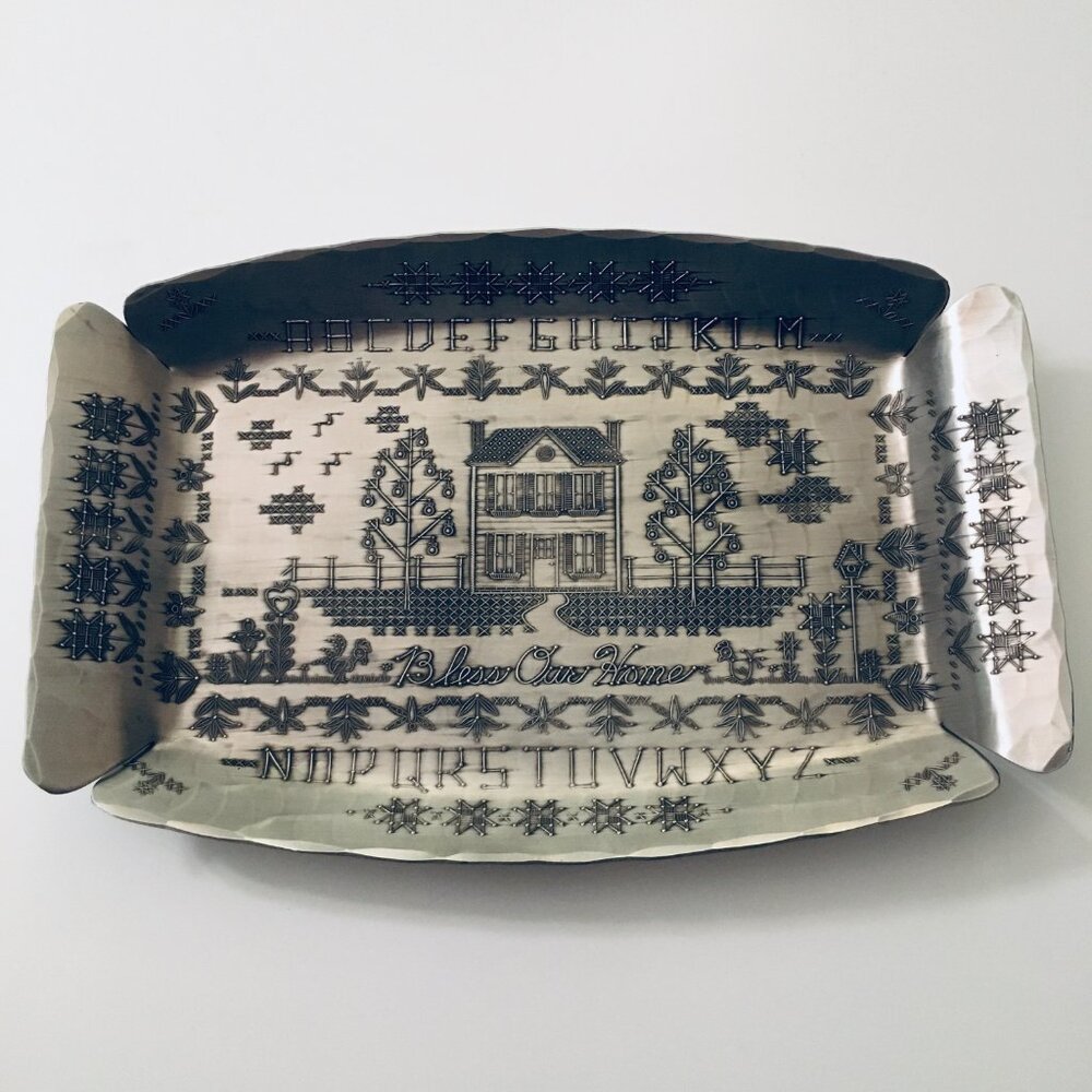 Handmade Bless Our Home Forged Aluminum Wendell August Silver Tray Platter